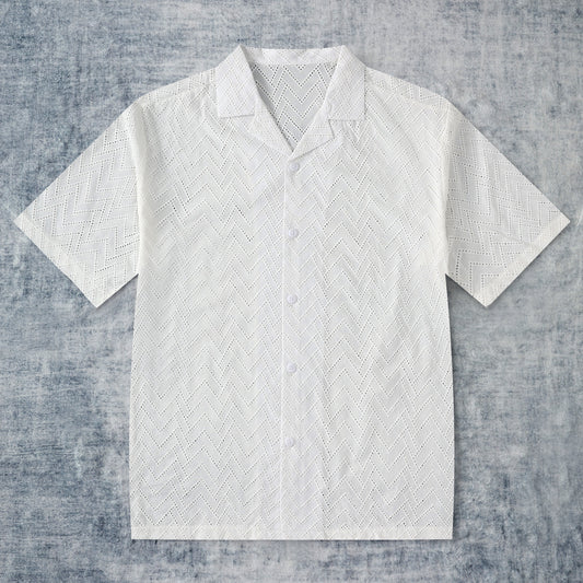 Chevron Woven Textured Camp Collar Short Sleeve Shirt