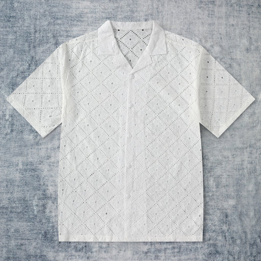 Seamless Pattern Openwork Vintage Textured Camp Collar Shirt