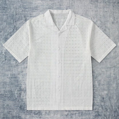 White Cotton Embroidery Openwork Camp Collar Short Sleeve Shirt