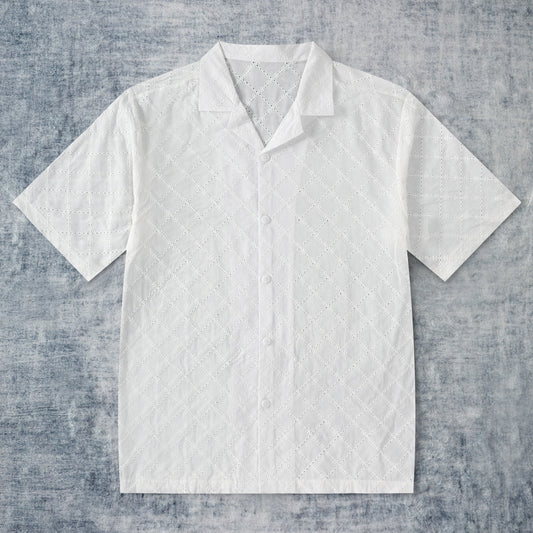 Checked Woven Embroidered Openwork Camp Collar Short Sleeve Shirt