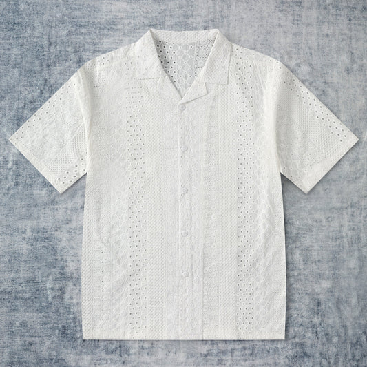 Embroidered Patchwork Textured Camp Collar Short Sleeve Shirt