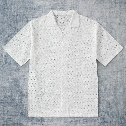 Circle Ring Embroidered Openwork Camp Collar Short Sleeve Shirt