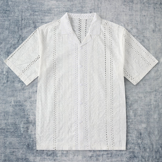 Spring Leaf Openwork Crochet Camp Collar Short Sleeve Shirt