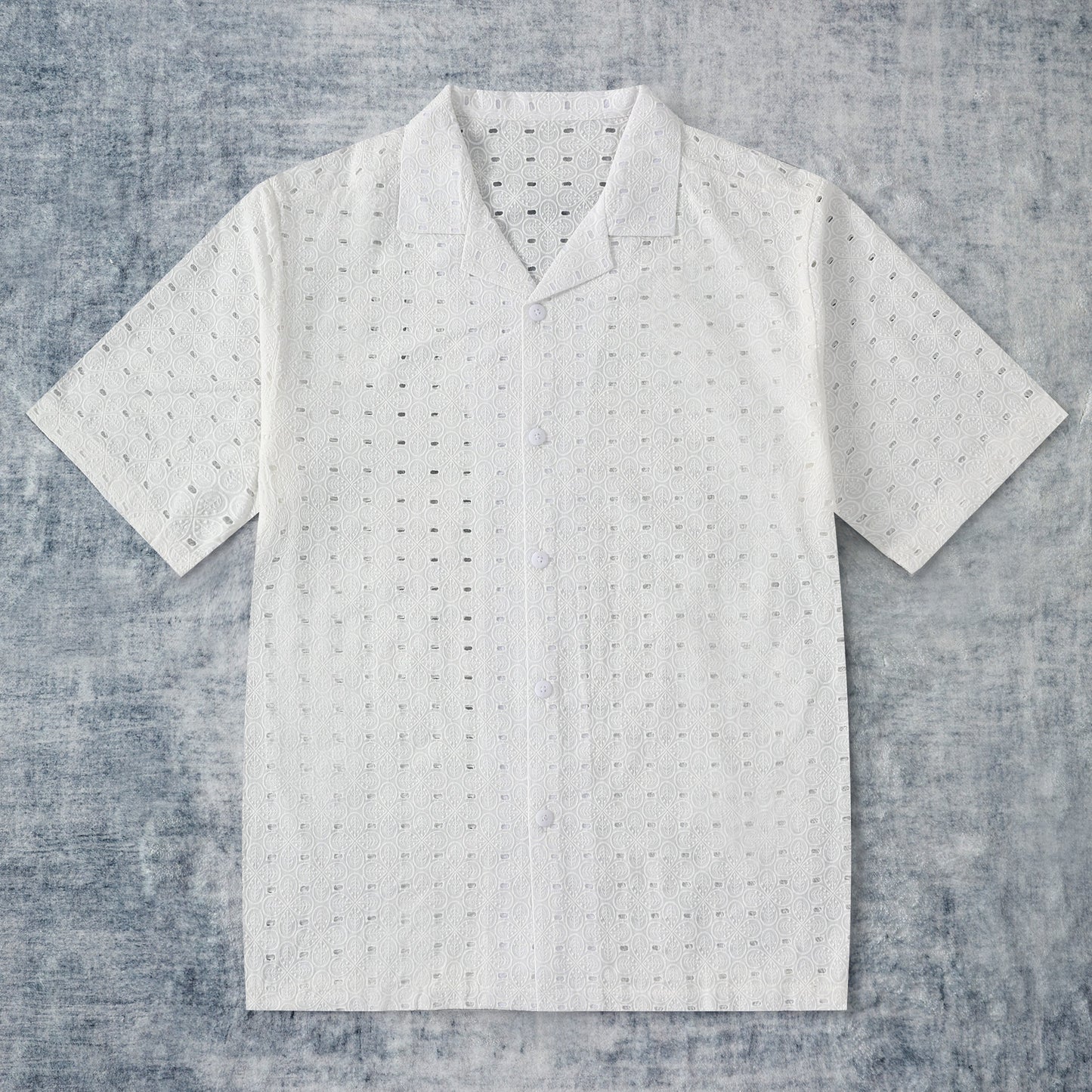 Floral Pattern Openwork Crochet Camp Collar Short Sleeve Shirt