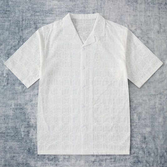 Embroidery Seamless Pattern Textured Camp Collar Short Sleeve Shirt