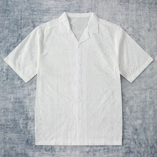 White Hollow Out Textured Camp Collar Short Sleeve Shirt