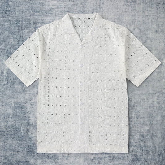 Connected Ring Pattern Embroidered Camp Collar Short Sleeve Shirt