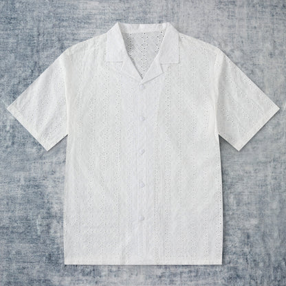 White Crochet Embroidered Camp Collar Short Sleeve Shirt