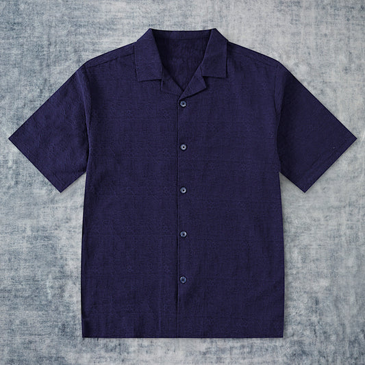 Navy Blue Crochet Vintage Camp Collar Short Sleeve Shirt
