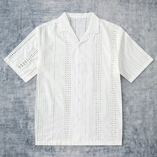 Striped Woven Textured Camp Collar Short Sleeve Shirt