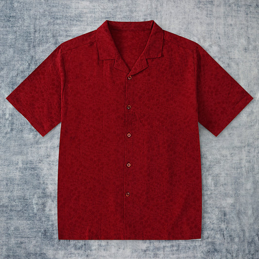 Red Floral Lace Textured Camp Collar Short Sleeve Shirt