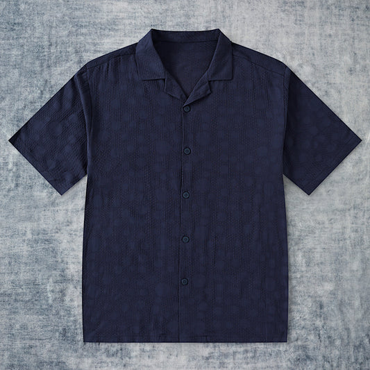 Navy Lace Vintage Textured Camp Collar Shirt