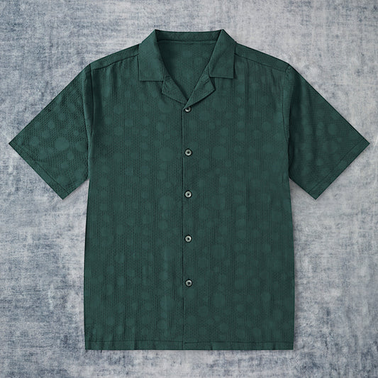 Green Floral Lace Textured Camp Collar Short Sleeve Shirt