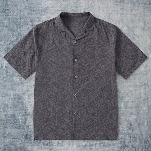 Gray Floral Lace Textured Camp Collar Short Sleeve Shirt