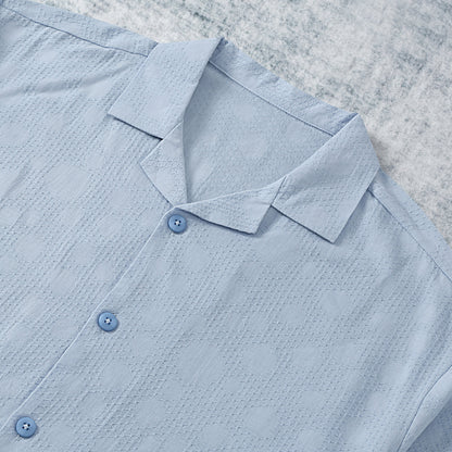 Light Blue Crochet Textured Camp Collar Short Sleeve Shirt