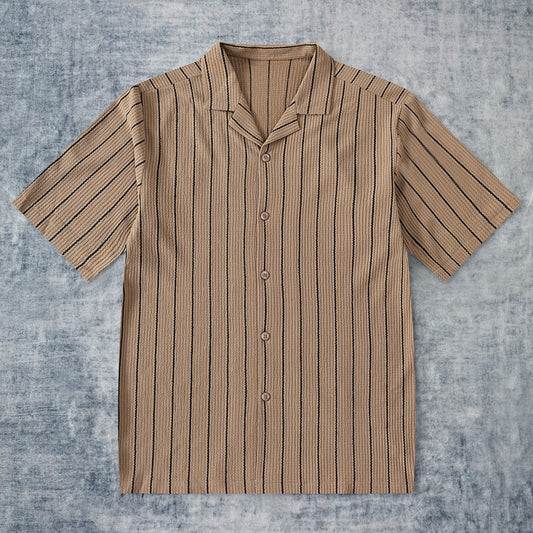 Brown Stripe Crochet Textured Camp Collar Short Sleeve Shirt