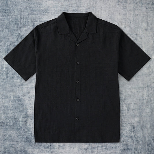 Black Textured Camp Collar Short Sleeve Shirt