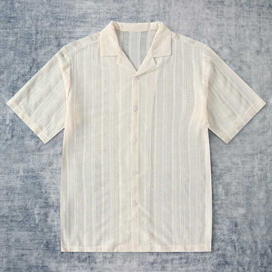White Crochet Textured Camp Collar Short Sleeve Shirt