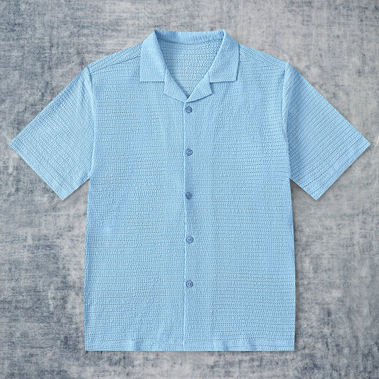 Blue Crochet Vintage Camp Collar Short Sleeve Shirt