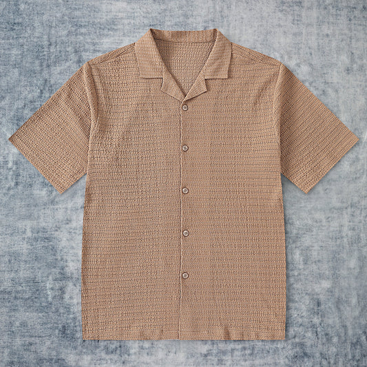 Brown Crochet Vintage Camp Collar Short Sleeve Shirt