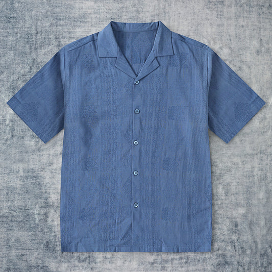 Blue Cloud Textured Camp Collar Short Sleeve Shirt
