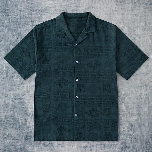 Green Cloud Lace Textured Camp Collar Short Sleeve Shirt