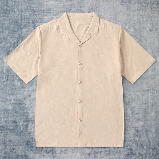Floral Beige Crochet Textured Camp Collar Short Sleeve Shirt