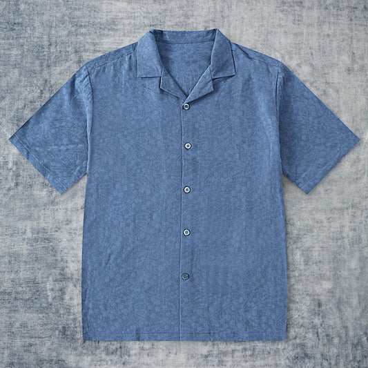 Blue Floral Lace Textured Camp Collar Short Sleeve Shirt