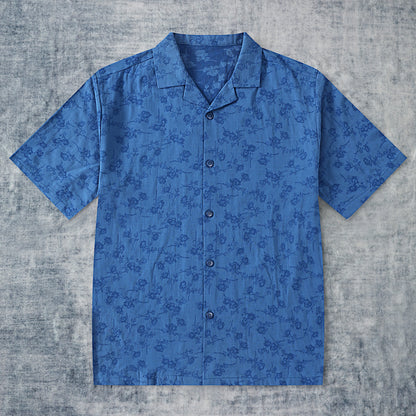Denim Blue Flower Textured Camp Collar Short Sleeve Shirt