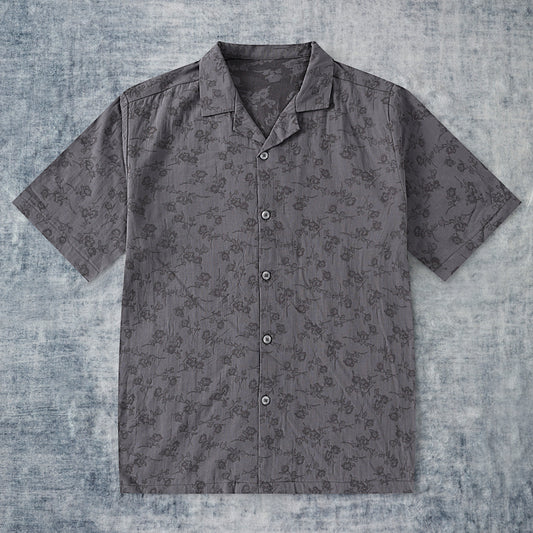 Gray Flower Textured Camp Collar Short Sleeve Shirt
