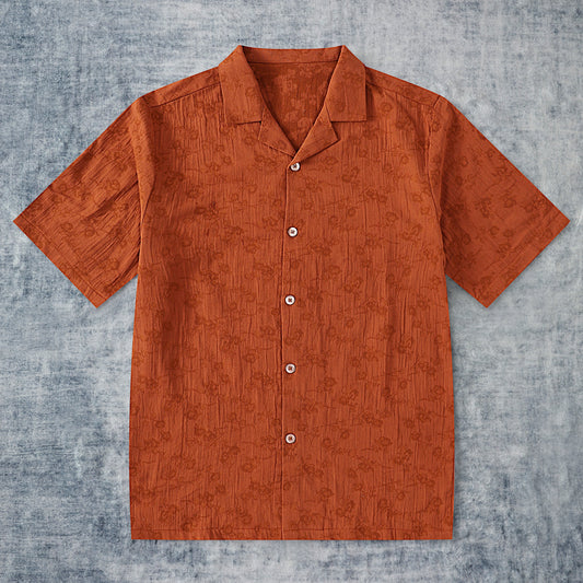Rust Brown Flower Textured Camp Collar Short Sleeve Shirt