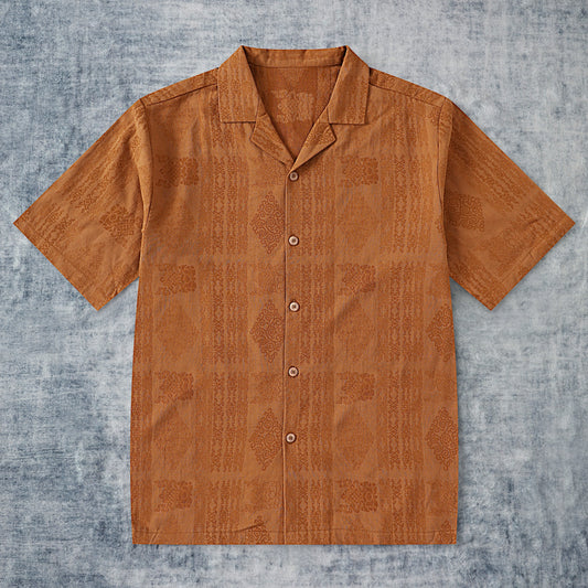 Brown Cloud Lace Textured Camp Collar Short Sleeve Shirt