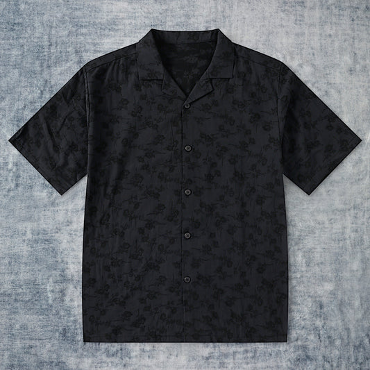 Black Flower Textured Camp Collar Short Sleeve Shirt