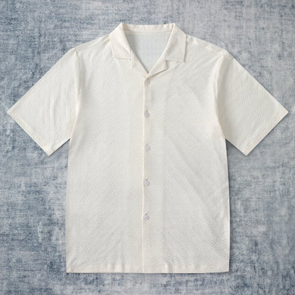 Beige Totem Pattern Textured Vintage Textured Camp Collar Short Sleeve Shirt