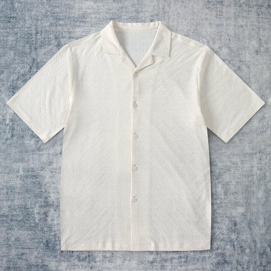 Beige Totem Pattern Textured Vintage Textured Camp Collar Short Sleeve Shirt