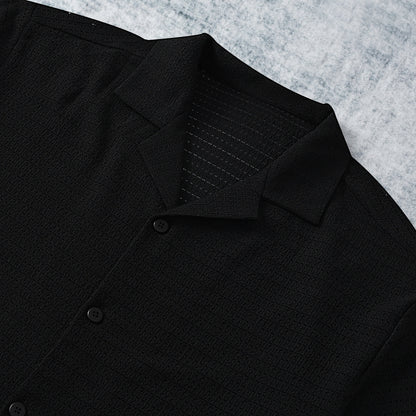 Black Lace Textured Camp Collar Short Sleeve Shirt