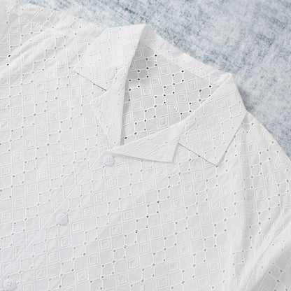 White Crochet Embroidered Camp Collar Short Sleeve Shirt