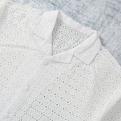 White Cotton Embroidery Openwork Camp Collar Short Sleeve Shirt