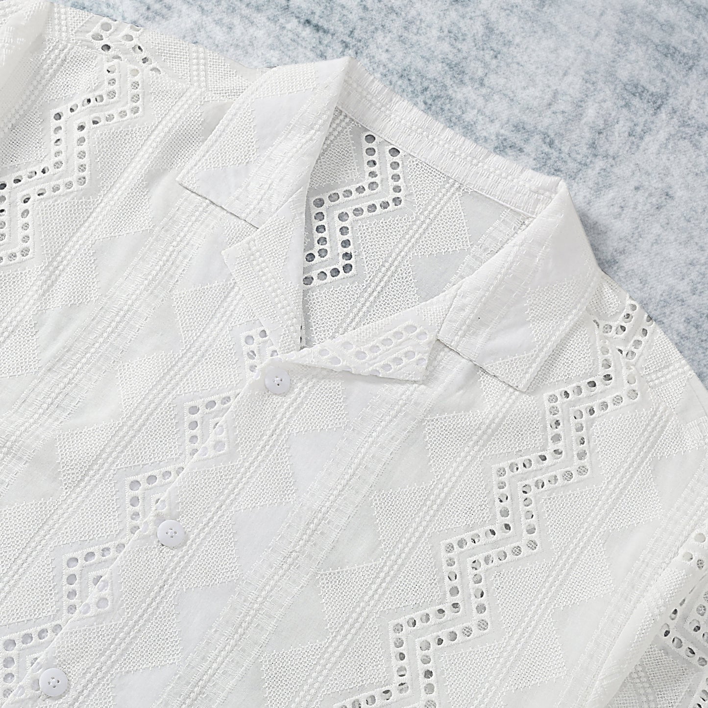 Rhombus Embroidered Textured Camp Collar Short Sleeve Shirt