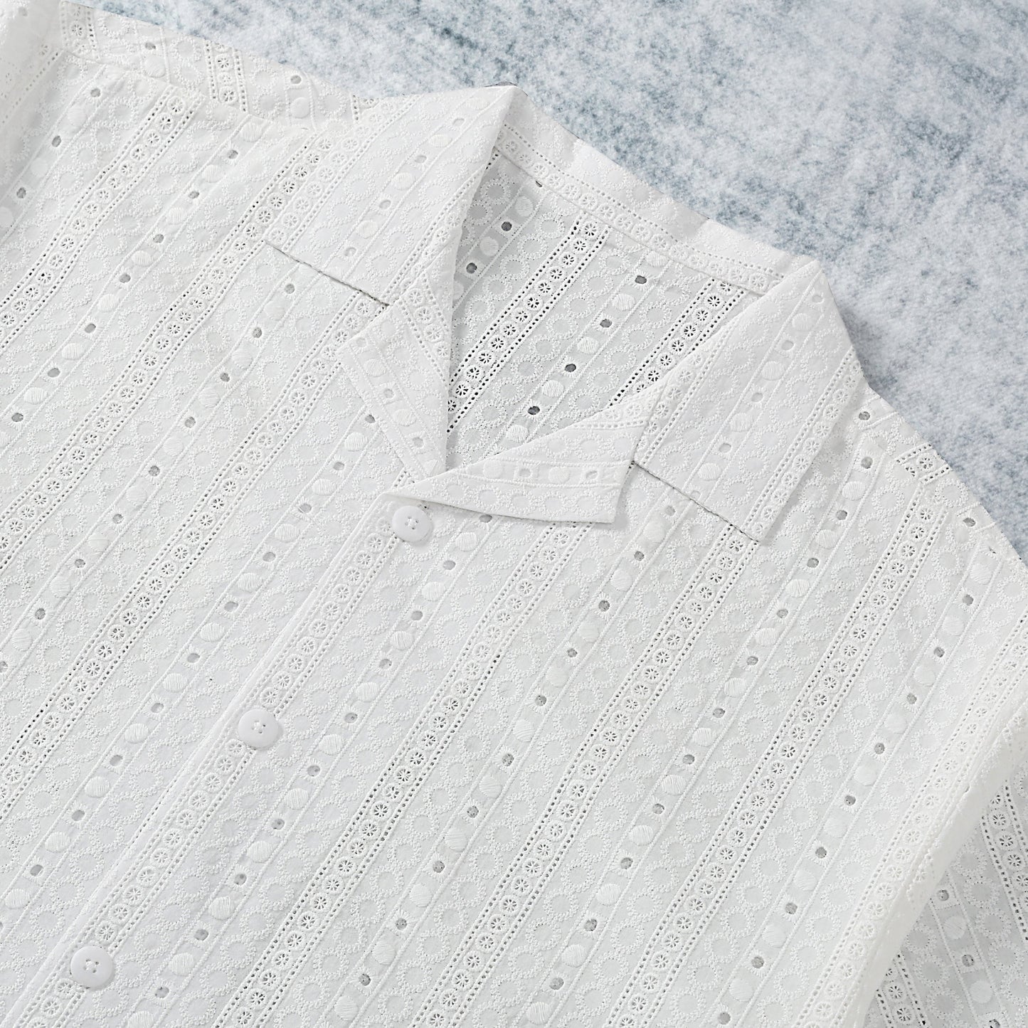 Dot Pattern Openwork Crochet Camp Collar Short Sleeve Shirt
