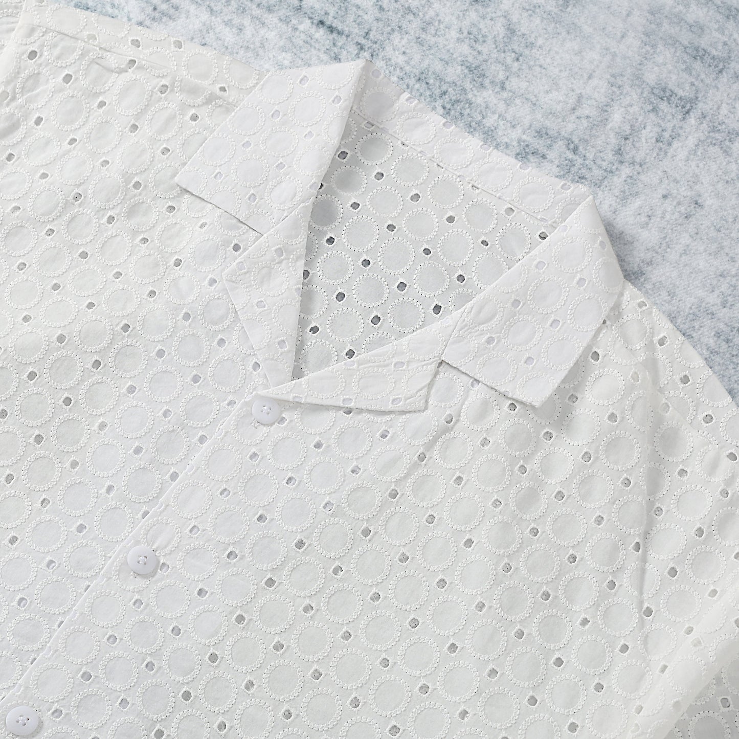 Circle Embroidered Openwork Textured Camp Collar Short Sleeve Shirt