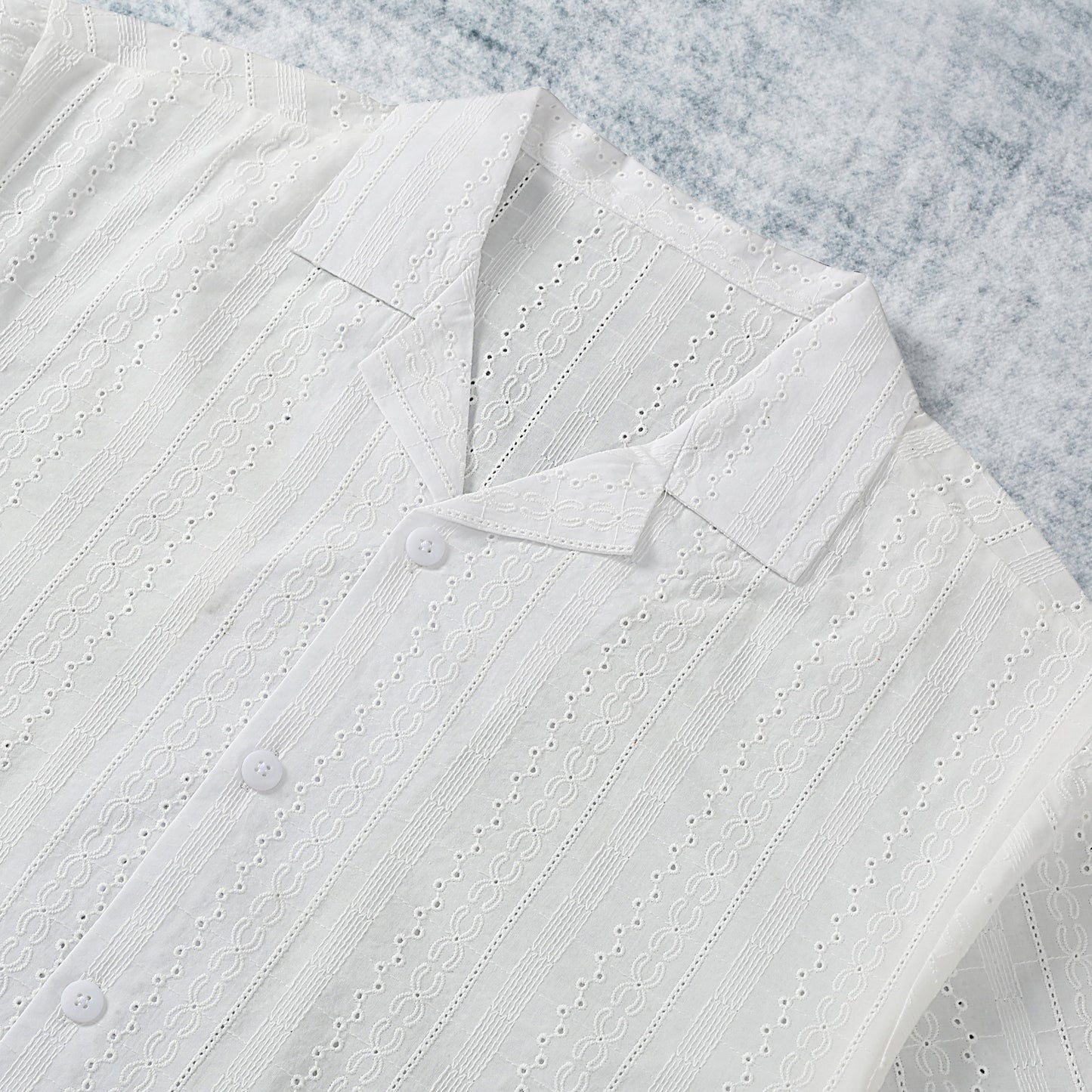 White Cotton Embroidery Textured Camp Collar Short Sleeve Shirt