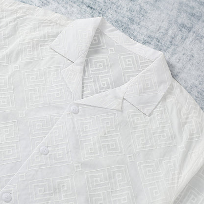 Totem Pattern Textured Vintage Textured Camp Collar Shirt