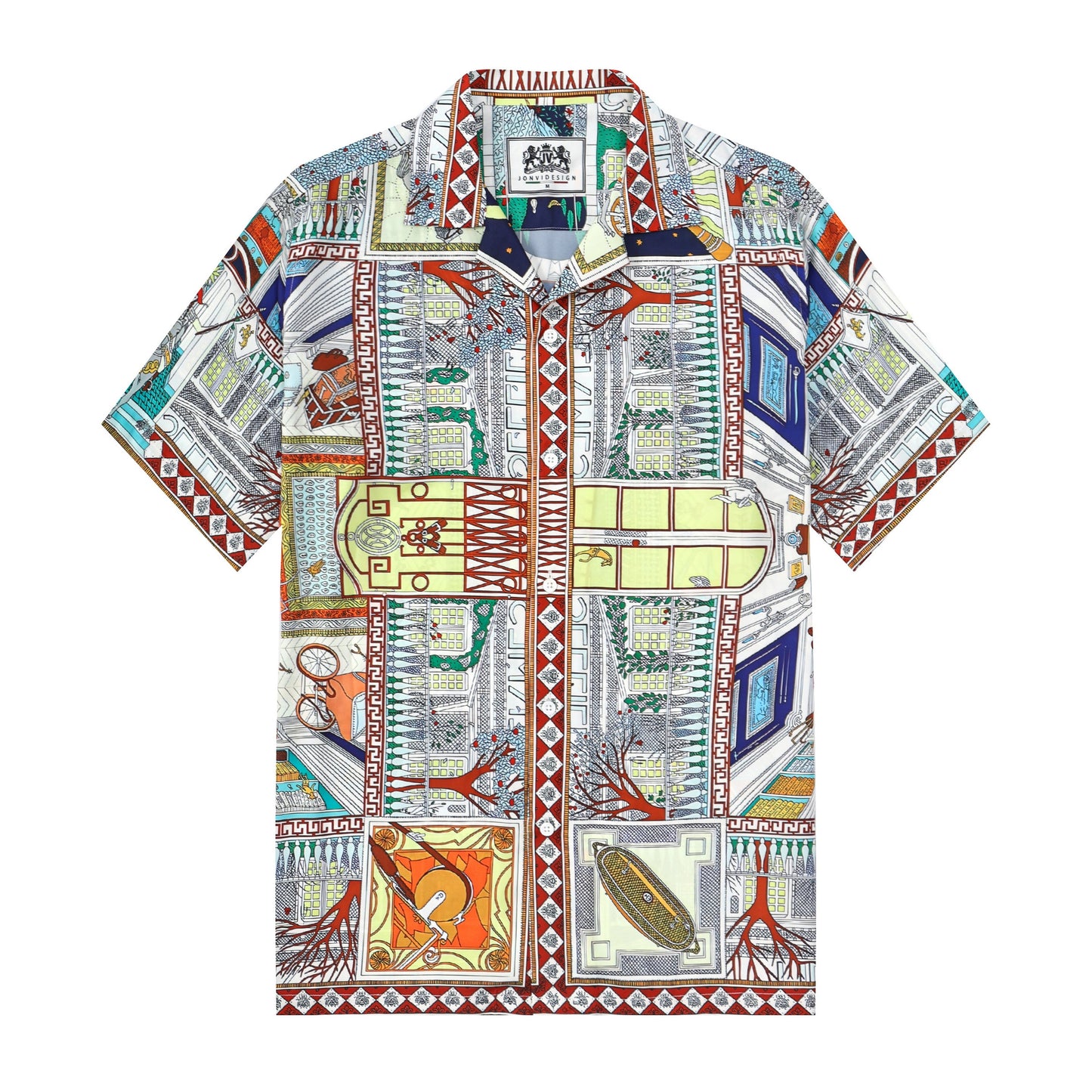 Multicolor Print Silk Fiber Short Sleeve Camp Collar Shirt