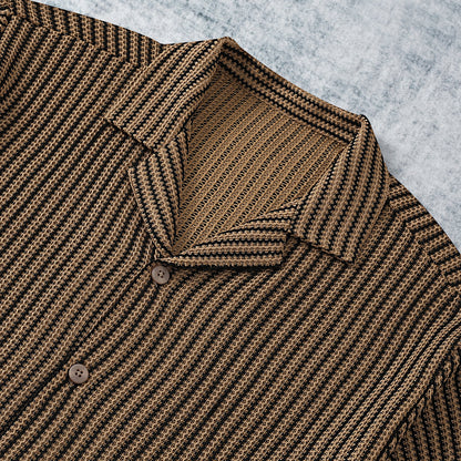 Brown Stripe Crochet Vintage Textured Camp Collar Shirt