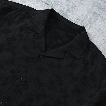 Black Flower Textured Camp Collar Short Sleeve Shirt