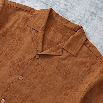 Brown Cloud Lace Textured Camp Collar Short Sleeve Shirt