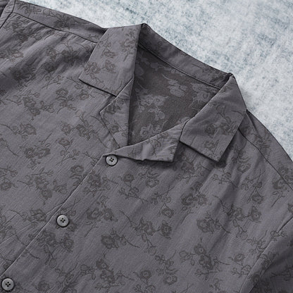Gray Flower Textured Camp Collar Short Sleeve Shirt