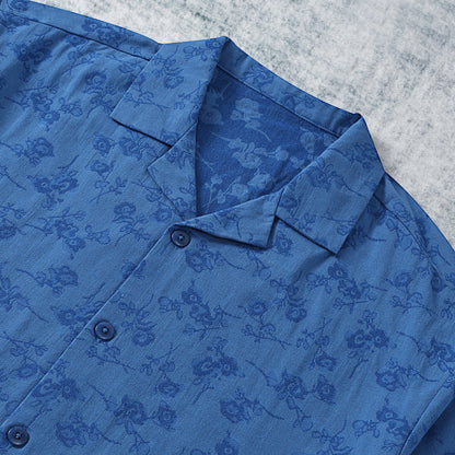 Denim Blue Flower Textured Camp Collar Short Sleeve Shirt