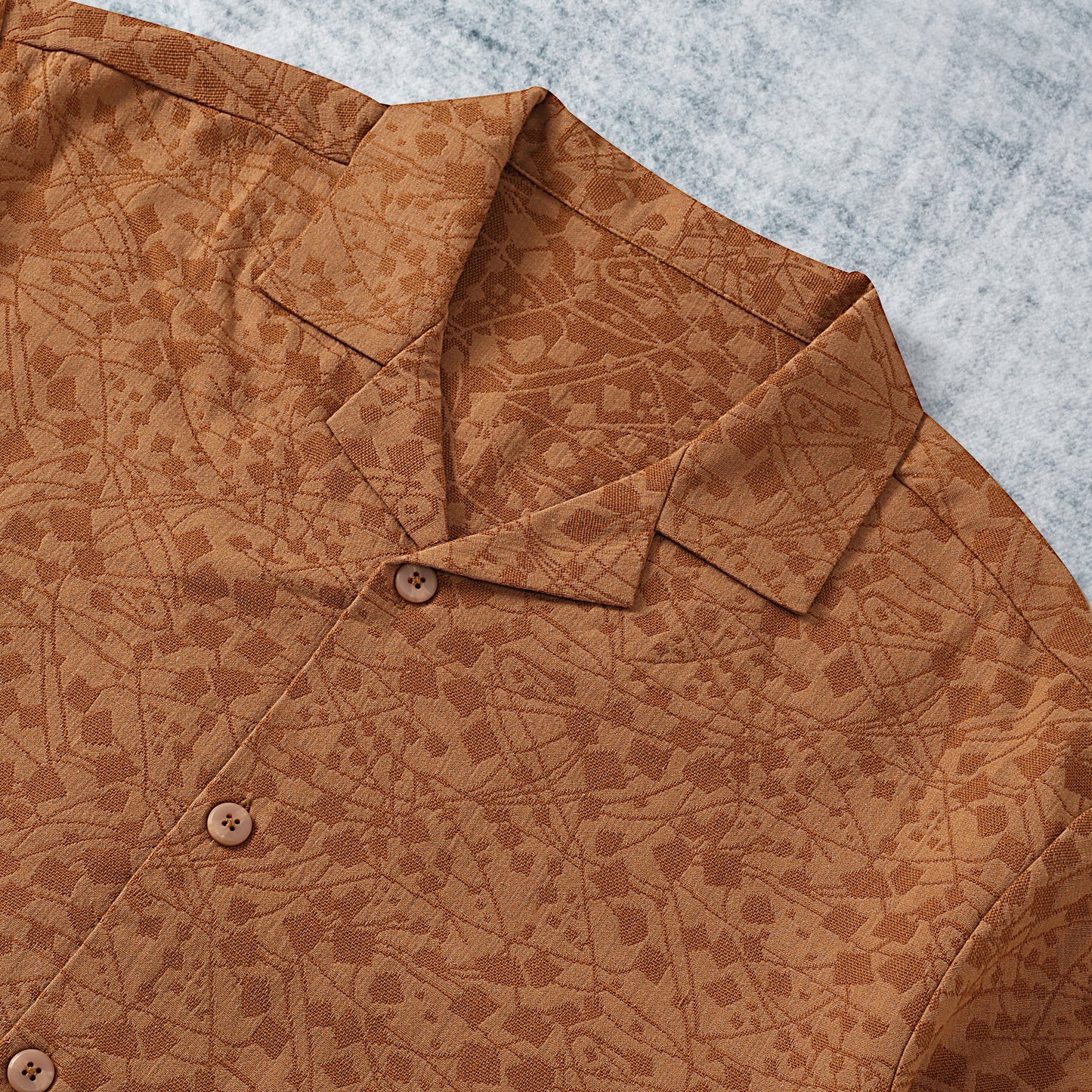 Brown Floral Lace Textured Camp Collar Short Sleeve Shirt